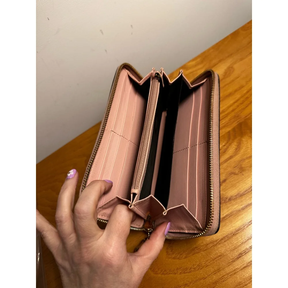 Gucci Pink Leather Long Zip Wallet w/ Bamboo Zipper Pull